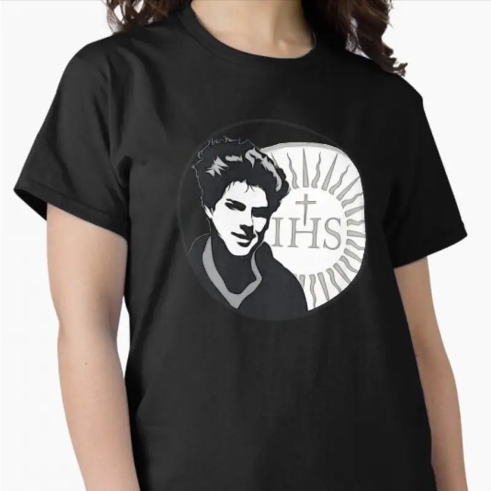 Black Carlo Acutis Millennial Saint Graphic Shirt Unisex NWT Saint September 7!